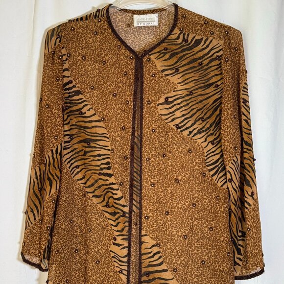 Mark & John By Gopal Elegant Beaded Brown Leopard Long Duster Small Chiffon Vint - Picture 2 of 12
